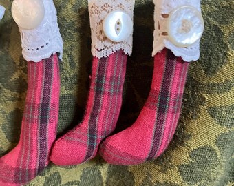Handmade Mini Stocking Ornament With Lace Trim Festive Plaid Colors