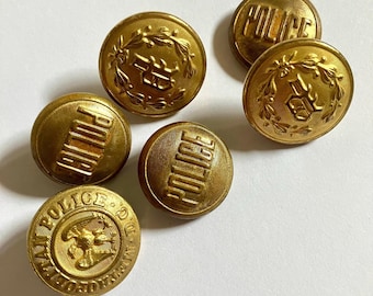 Antique Brass Police Buttons From Various Early Uniforms Six Pieces Historical Vintage Buttons