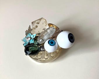 Handmade Resin Evil Eye Paperweight, Vintage Buttons, Desk Decor Item