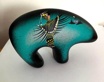Vintage Native American Pottery Bear Figure With Turquoise and Black Details Signed By Artist