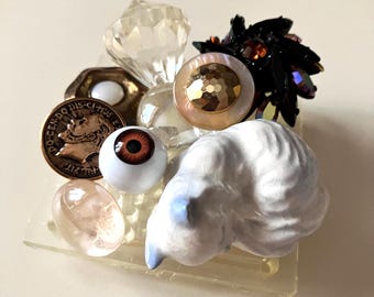 Handmade Resin Paperweight with Vintage Buttons and Cat, Evil Eye Charm, Desk Decor Item