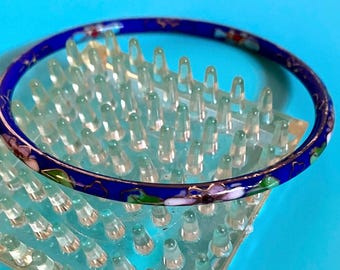 Vintage Cobalt Blue Cloisonne Bangle Bracelet, Pink Floral Art Deco Estate Jewelry
