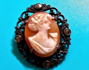 Vintage Hand Carved Shell Cameo Brooch, Sterling Silver Victorian Portrait Pin