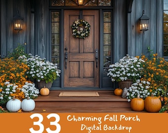 May include: A digital backdrop featuring a charming fall porch scene. The wooden door is adorned with a wreath, flanked by lanterns and flower arrangements. Pumpkins and white gourds decorate the porch. Text reads "33 Charming Fall Porch Digital Backdrop."