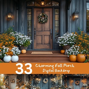 Charming Fall Porch Digital Backdrop | Pumpkin & Flower Autumn Scene | Cozy Front Door Photography Background | Instant Download