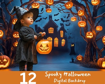 May include: A digital backdrop for Halloween featuring a child in a witch costume holding a jack-o'-lantern. The scene includes a spooky house, bats, and glowing pumpkins. The text reads "12 Spooky Halloween Digital Backdrop."