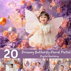Dreamy Butterfly Floral Pastel Digital Backdrop | Enchanted Kids Photography Background | Whimsical Balloon Scene, Photoshop overlays,
