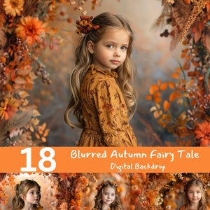 May include: A young girl with long blonde hair and blue eyes, wearing a mustard-colored dress with a floral pattern, stands in front of an autumn-themed backdrop. The image includes text that reads "18 Blurred Autumn Fairy Tale Digital Backdrop."