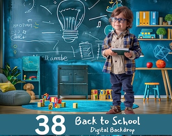 May include: A digital backdrop featuring a blue chalkboard with white chalk drawings of a lightbulb, musical notes, and the words "Is this a bird?" and "Klambe". There are also shelves with books and a toy bus. The backdrop is labeled "38 Back to School Digital Backdrop".