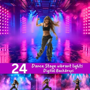 May include: 24 digital backdrops featuring a dance stage with vibrant pink and blue lights. The backdrops are perfect for photographers and videographers who want to create dynamic and eye-catching content.