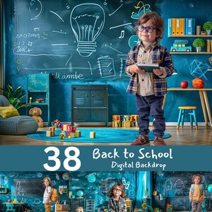 Puede incluir: Un telón de fondo digital que presenta una pizarra azul con dibujos de tiza blanca de una bombilla, notas musicales y las palabras "Is this a bird?" y "Klambe". También hay estantes con libros y un autobús de juguete. El telón de fondo está etiquetado como "38 Back to School Digital Backdrop".