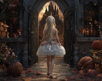 May include: A digital backdrop featuring a stone archway with open iron gates leading to a dark castle silhouette. A figure with long blonde hair in a white dress stands in the center. Pumpkins and autumn leaves are scattered on the ground.