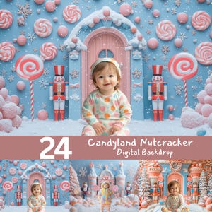 Candyland Nutcracker Digital Backdrop for Kids Photography, Cake Smash Winter Wonderland, Pastel Christmas Background with Candy Decor