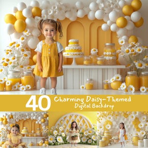 Puede incluir: Un conjunto de 40 fondos digitales con un encantador tema de margaritas. Los fondos incluyen un esquema de color amarillo y blanco con margaritas, jarrones y un pastel. Los fondos son perfectos para una fiesta de cumpleaños u otra ocasión especial.