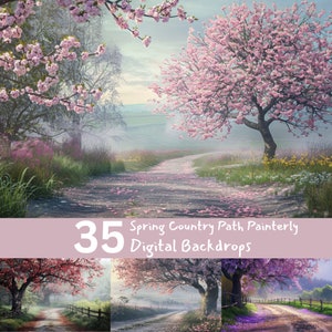 Spring Country Path Painterly Digital Backdrops, Landscape Background, Fine Art Portrait Photography Digital Background, Cherry Blossom