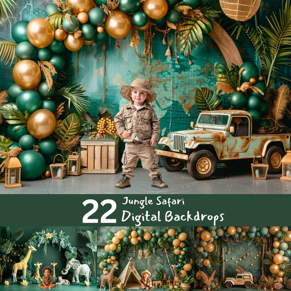 Jungle Safari Digital Backdrops, Tropical Theme Baby Birthday, Photoshop overlays, Balloons Cake Smash Background, Child Photography Studio