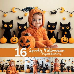 Spooky Halloween Digital Backdrop for Kids Photography, Fun Black Cat and Pumpkin Background, Perfect for Halloween Portraits, Haunted House