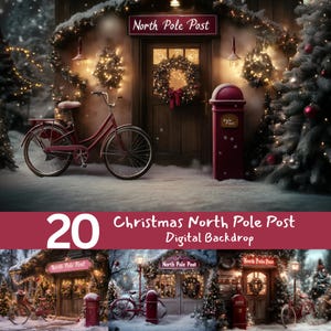 May include: A wintery digital backdrop showing a red bicycle, a North Pole Post sign, and a mailbox in a snowy setting. The scene includes a decorated door with a wreath and Christmas trees, with the text "20 Christmas North Pole Post Digital Backdrop".