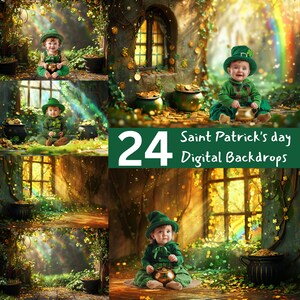 May include: A set of 24 digital backdrops featuring a St. Patrick's Day theme. The backdrops include a variety of scenes with green foliage, gold coins, rainbows, and leprechauns.