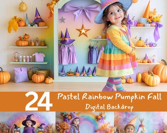 Cyfrowe tło z pastelową tęczą i dynią: jesienna fotografia halloweenowa (pobranie cyfrowe)