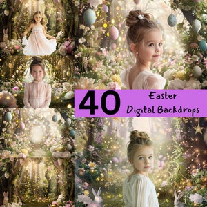 May include: A set of 40 digital backdrops featuring a whimsical Easter scene with a magical forest, glowing lights, and pastel-coloured Easter eggs. The backdrops are perfect for creating beautiful and festive photos.