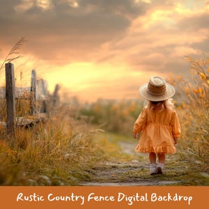 May include: A young child wearing a straw hat and a yellow dress walks down a dirt path towards a wooden fence. The path is lined with tall grass and the sky is a vibrant orange and yellow.
