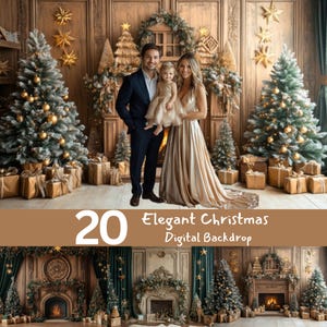 May include: A family poses in front of a Christmas backdrop. The scene includes decorated Christmas trees, wrapped gifts, and gold star ornaments. The backdrop has the text "20 Elegant Christmas Digital Backdrop".