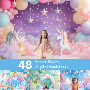 Unicorn Rainbow Balloons Digital Backdrop: Cake Smash Photos (48 JPG Files)