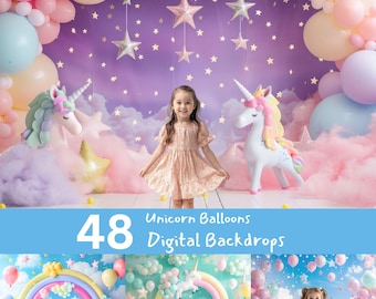 Digital bakgrund med enhörningar och regnbågsballonger: Cake Smash-bilder (48 JPG-filer)