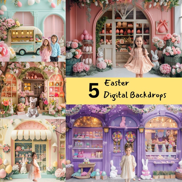 5 Easter Digital Backdrops, Shop front Photo Props, Spring Digital Background, Easter Eggs Bunny Pastal Studio Backdrop Photography