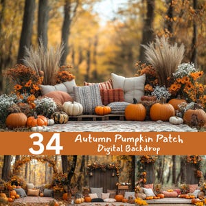 May include: An autumn-themed digital backdrop featuring a cozy outdoor scene. The image showcases a wooden pallet with various pumpkins, pillows, and floral arrangements in shades of orange, white, and brown. The text reads "34 Autumn Pumpkin Patch Digital Backdrop."