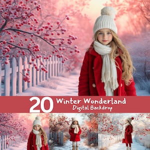 Winter Wonderland Digital Backdrop for Kids Photography, Frosty Snowy Path with Red Berries, Christmas Background for Holiday Portraits