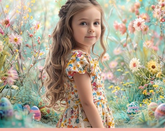 May include: A young girl with long blonde hair wearing a floral dress stands in a field of colorful flowers. The background is a soft, pastel blue with a light dusting of snow. The girl is looking at the camera with a sweet smile.