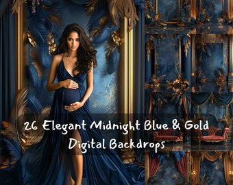 Midnight Blue & Gold Floral Photography Backdrops (Digital Download)