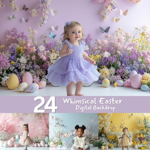 May include: A digital backdrop featuring a whimsical Easter scene with a purple, blue, and yellow background. The backdrop is decorated with flowers, butterflies, and Easter eggs. The text "24 Whimsical Easter Digital Backdrop" is displayed at the bottom of the image.