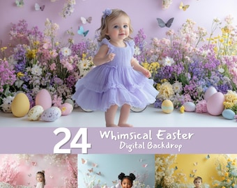 May include: A digital backdrop featuring a whimsical Easter scene with a purple, blue, and yellow background. The backdrop is decorated with flowers, butterflies, and Easter eggs. The text "24 Whimsical Easter Digital Backdrop" is displayed at the bottom of the image.