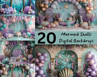 Mermaid Balloons Digital backdrops, Shells Balloons Arch Backdrop, Cake Smash, Photoshop Template, Photography Digital Background Overlays