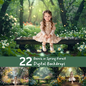 Spring Forest Bench Digital Backdrops, Summer Outdoors Portrait Digital Photo Backgrounds, Enchanted woodland child composite photography