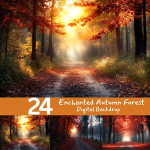 Pode incluir: Um cenário digital que apresenta 24 imagens de uma floresta de outono encantada com um caminho que leva através das árvores. As imagens estão em uma variedade de cores, incluindo vermelho, laranja, amarelo e verde. O texto "Enchanted Autumn Forest Digital Backdrop" é exibido na parte inferior da imagem.