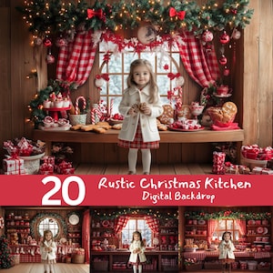 Puede incluir: Un telón de fondo digital que presenta una escena de cocina navideña rústica con un mantel a cuadros rojo y blanco, una ventana con vista a la nieve y estantes llenos de decoraciones navideñas. El texto "20 Rustic Christmas Kitchen Digital Backdrop" se muestra en la parte inferior de la imagen.
