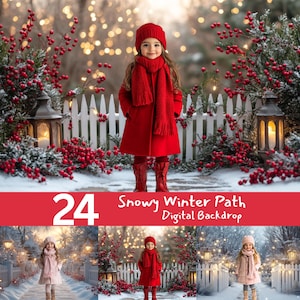 Snowy Winter Path Digital Backdrop, Kids Photography Christmas Background with Red Berries, Glowing Lights, and Festive Charm, Holiday Photo