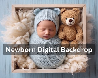 Newborn Digital Backdrop, Baby wood box, blue beige Background newborn teddy bear prop,  swap face, Overlay, newborn backdrop photography