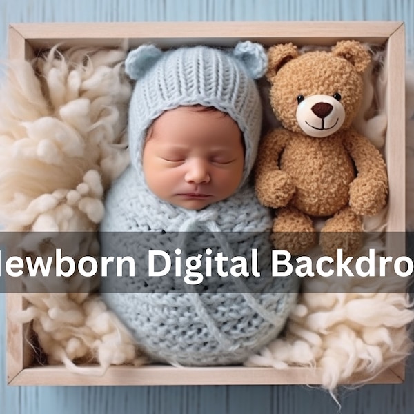 Newborn Digital Backdrop, Baby wood box, blue beige Background newborn teddy bear prop,  swap face, Overlay, newborn backdrop photography