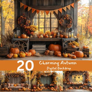 May include: A rustic autumn-themed digital backdrop featuring pumpkins, gourds, and fall foliage. The scene includes a wooden structure with a window, decorative wreaths, and a banner. The text "20 Charming Autumn Digital Backdrop" is displayed.