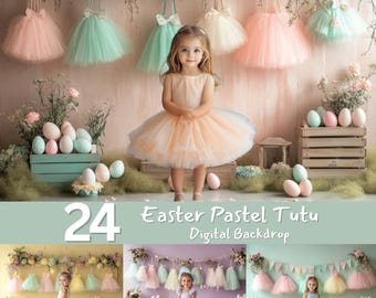 May include: 24 digital backdrops featuring pastel colored tulle tutus and Easter eggs. The backdrops are perfect for photographing children in a whimsical Easter setting.