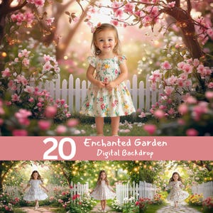 Peut inclure: Une toile de fond numérique représentant une scène de jardin enchanté fantaisiste avec une clôture en bois blanc, des fleurs roses en fleurs et des lumières scintillantes. La toile de fond est idéale pour les photographes et les artistes numériques.