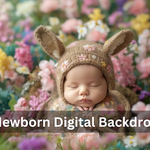 Easter Bunny Digital Backdrop, Newborn Digital Background Photography, Composite, Newborn Face Insert Rabbit on Spring Floral Field