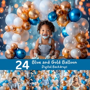 Blue and Gold Balloon Digital Backdrop: Cake Smash Photography (Digital Download)