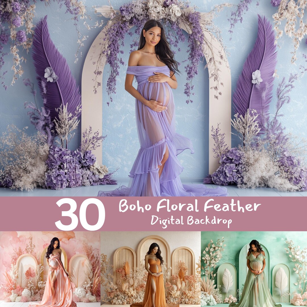Boho Floral Feather Digital Backdrop for Maternity Photography, Pastel ...