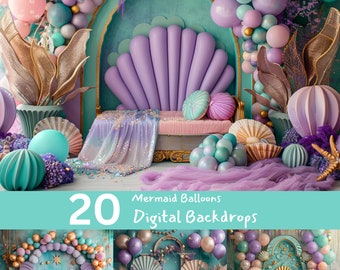 Mermaid Balloons Digital Backdrop: Shell Arch, Cake Smash (JPG)